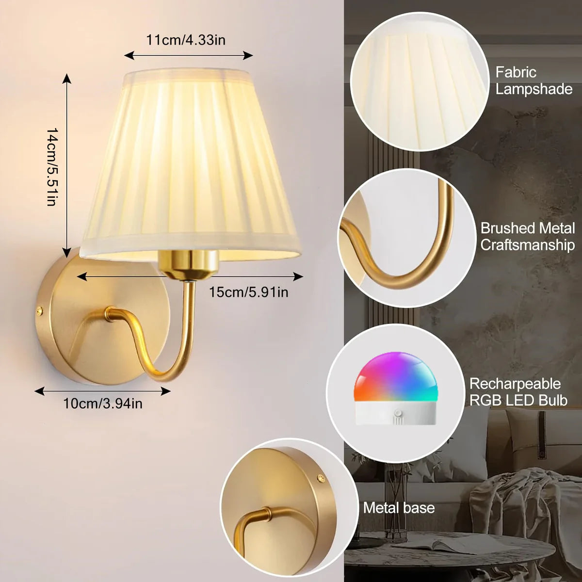 Wireless Wall Lights Pleated Curved (Set of 2) by Vellor